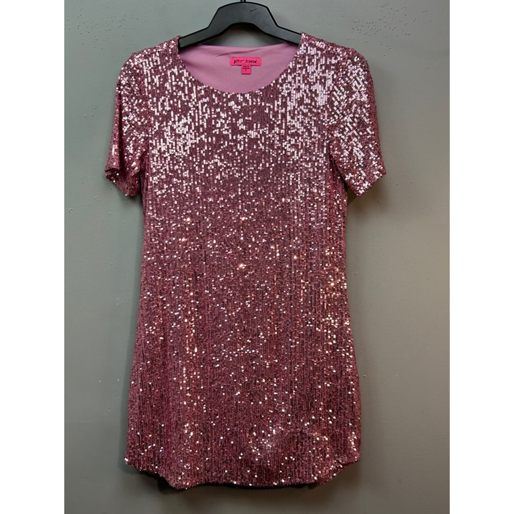 Betsey Johnson Dress Women Small Pink Sequin‎ Mini Short Sleeve Shift Party